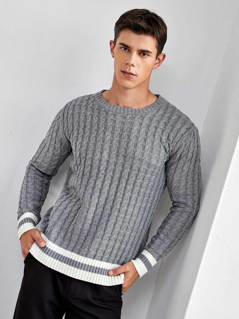 Men Striped Trim Cable Knit Sweater