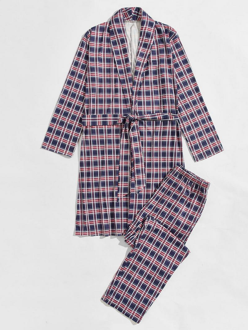 Men Plaid Print Belted Robe With Pants