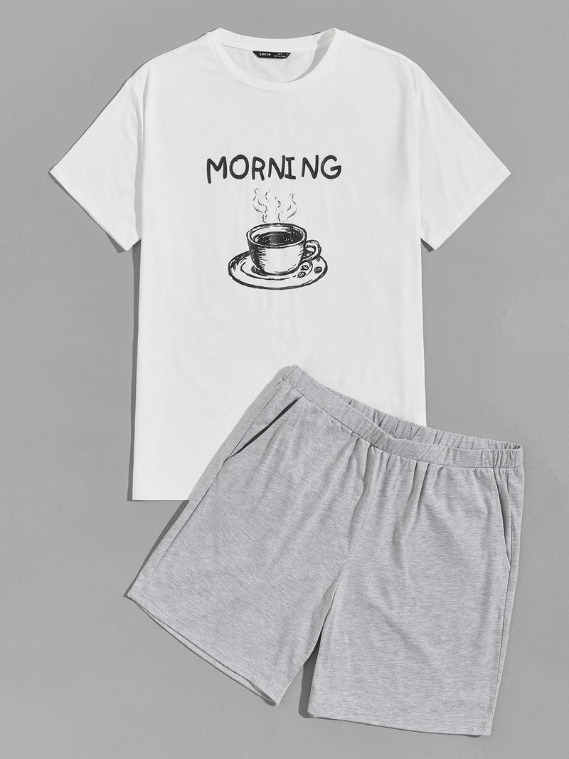 Men Letter and Coffee Print Tee and Slant Pocket Shorts PJ Set